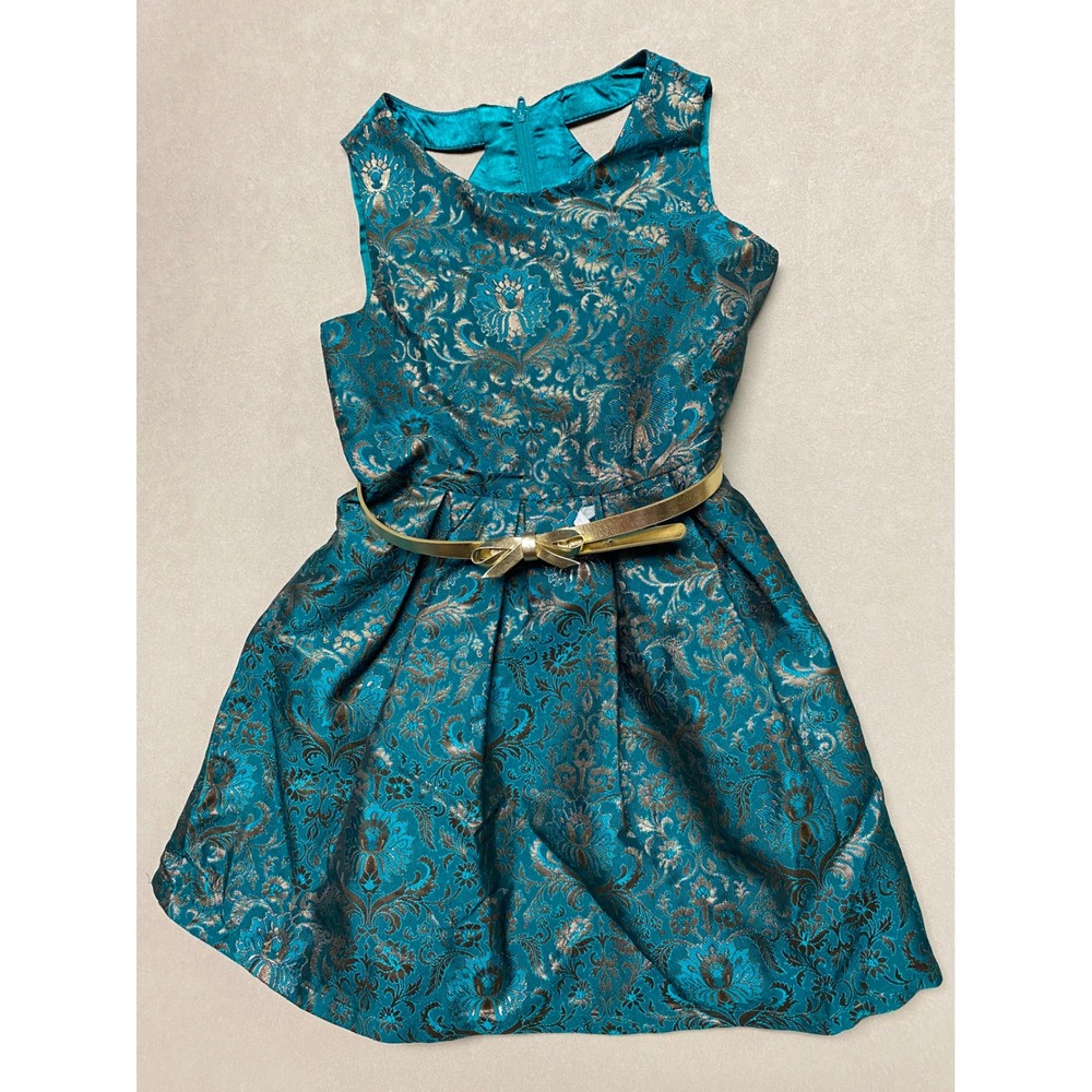 Childrens Place Girls Teal Blue Gold Floral Brocade Belted Party Dress Size 8
